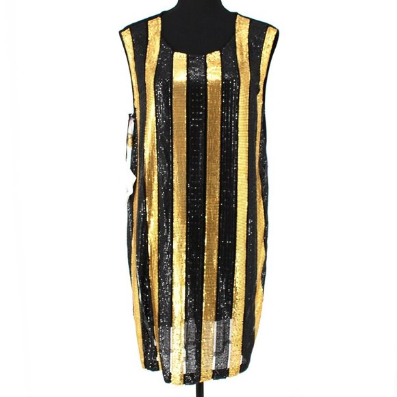 Balmain Black Gold Striped Dress Paillette Embellished Sleeveless